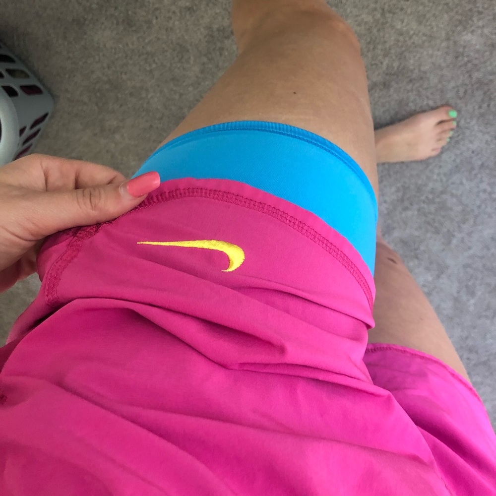 Pink Nike Shorts W/ light blue spandex